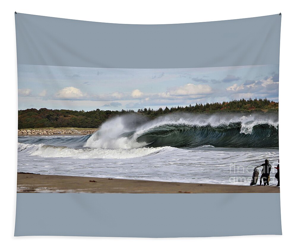 Seascape Tapestry featuring the photograph Admiring A Killer Wave At Popham Beach, Maine by Sandra Huston