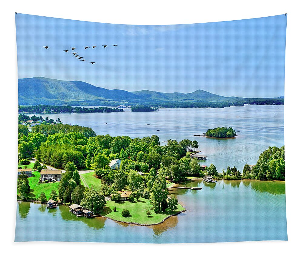 Aerial Photography Tapestry featuring the photograph Aerial Geese, Smith Mountain Lake by The James Roney Collection