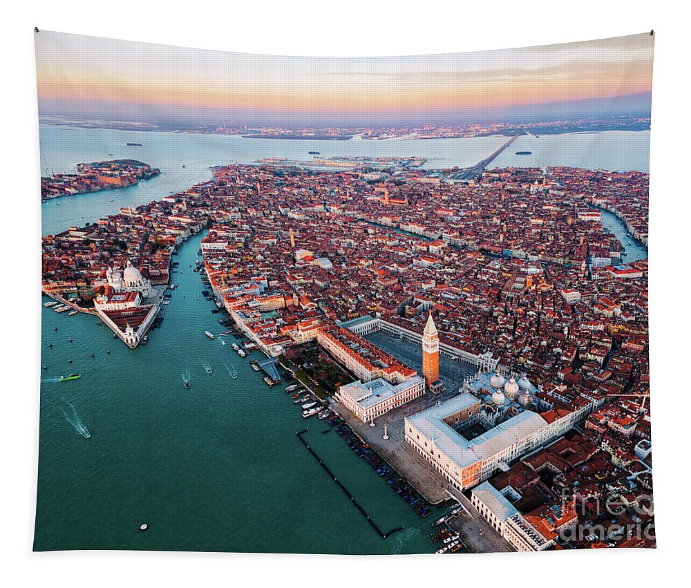 Venice Tapestry featuring the photograph Aerial view of Venice at sunset, Italy by Matteo Colombo