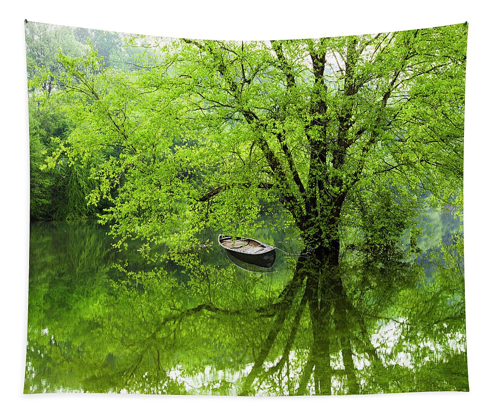 Boats Tapestry featuring the photograph After the Rain on the Valley River II by Debra and Dave Vanderlaan