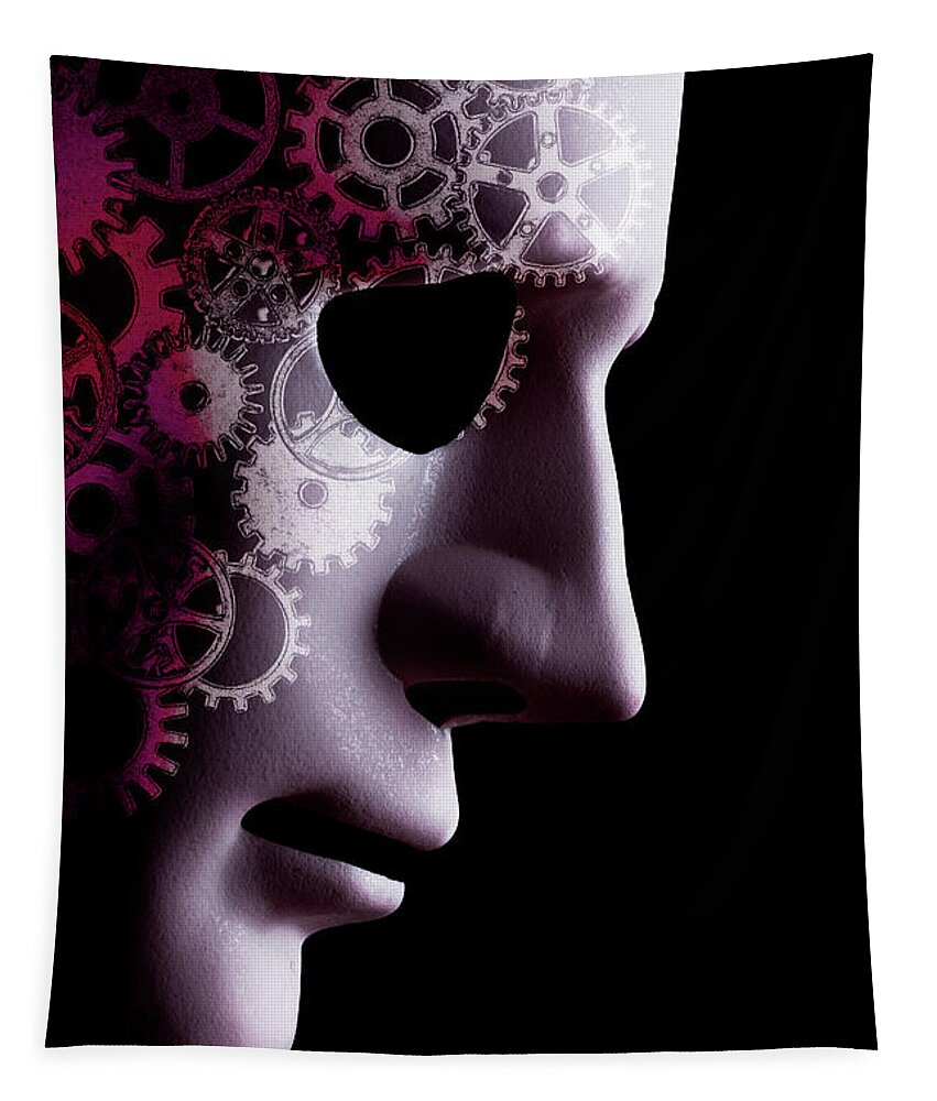 Mask Tapestry featuring the photograph A.I. robotic face close up with cogs by Simon Bratt