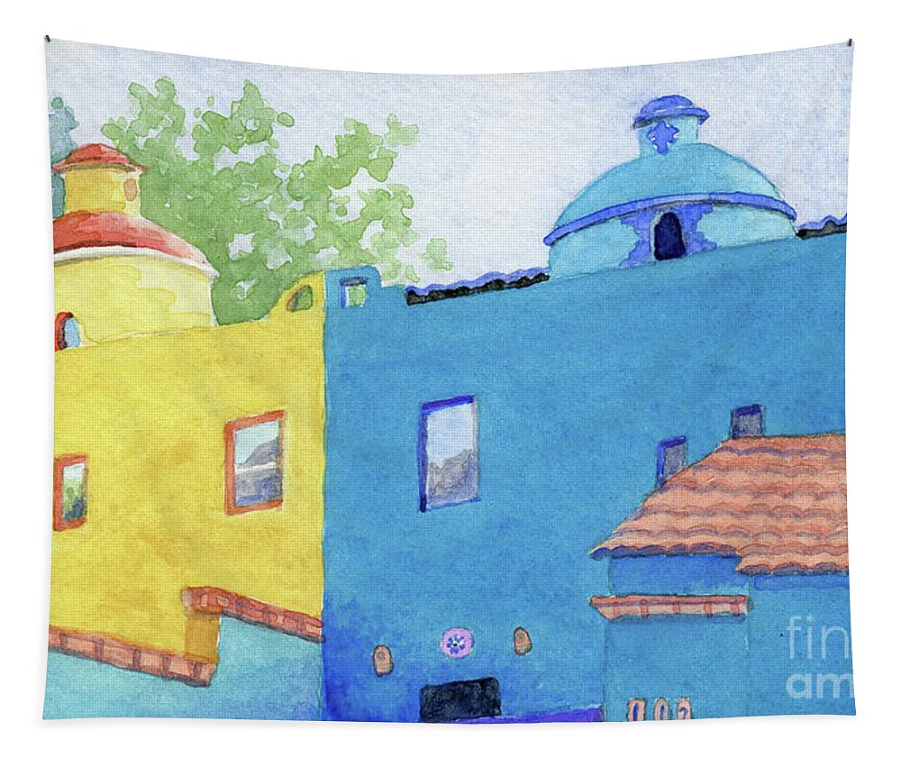 Ajijic Tapestry featuring the painting Ajijic Blue and Yellow Houses by Anne Marie Brown