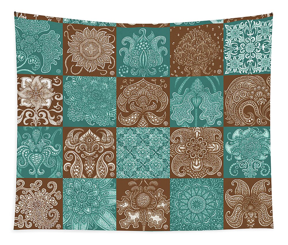 Boho Tapestry featuring the drawing Alien Bloom Patchwork Teal and Brown by Amy E Fraser