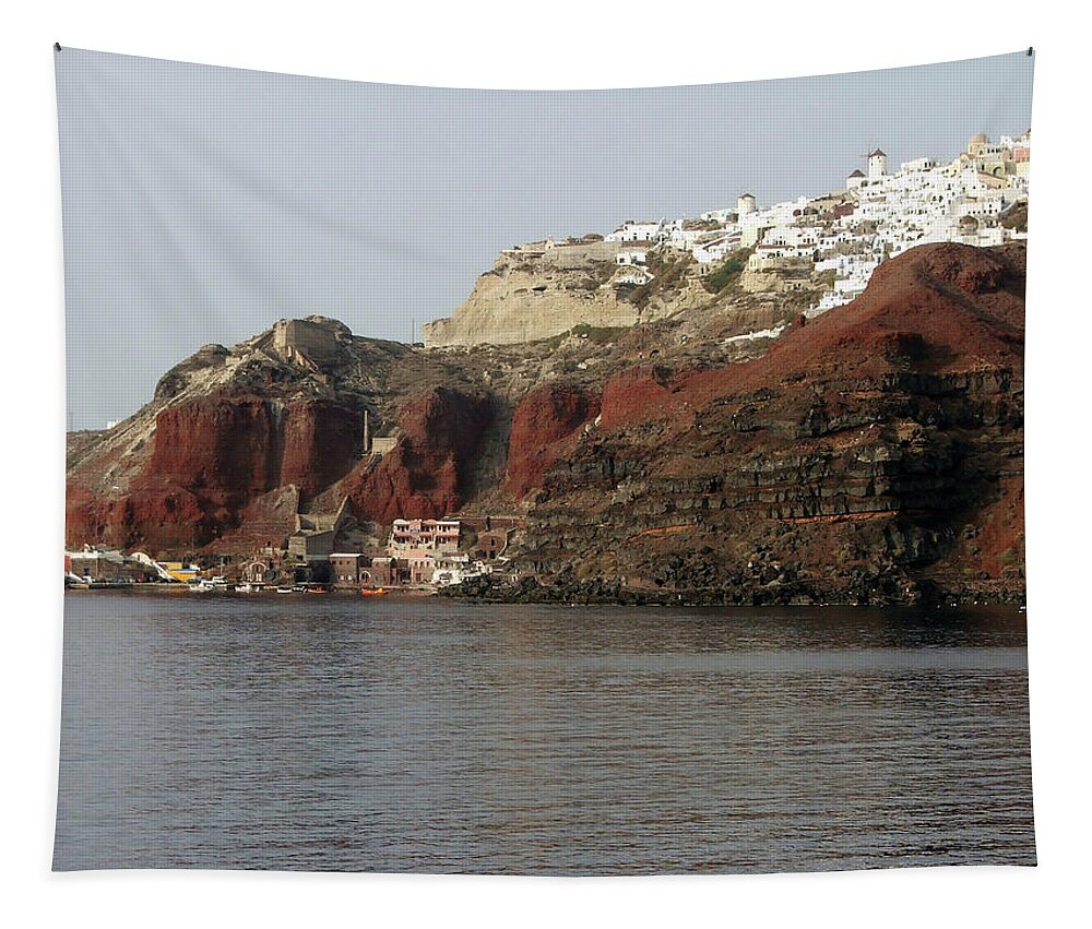 Amudi Bay Photography Outdoor Outside Photo Picture Santorini Island Greece Greek Europe Cliffs Volcano Mountain Hot Summer Water Harbour Fish Rocky Windmill Road Tapestry featuring the photograph Amudi bay by Maria Woithofer