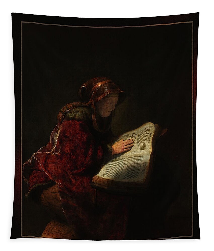 An Old Woman Reading Tapestry featuring the painting An Old Woman Reading by Rembrandt van Rijn by Rolando Burbon