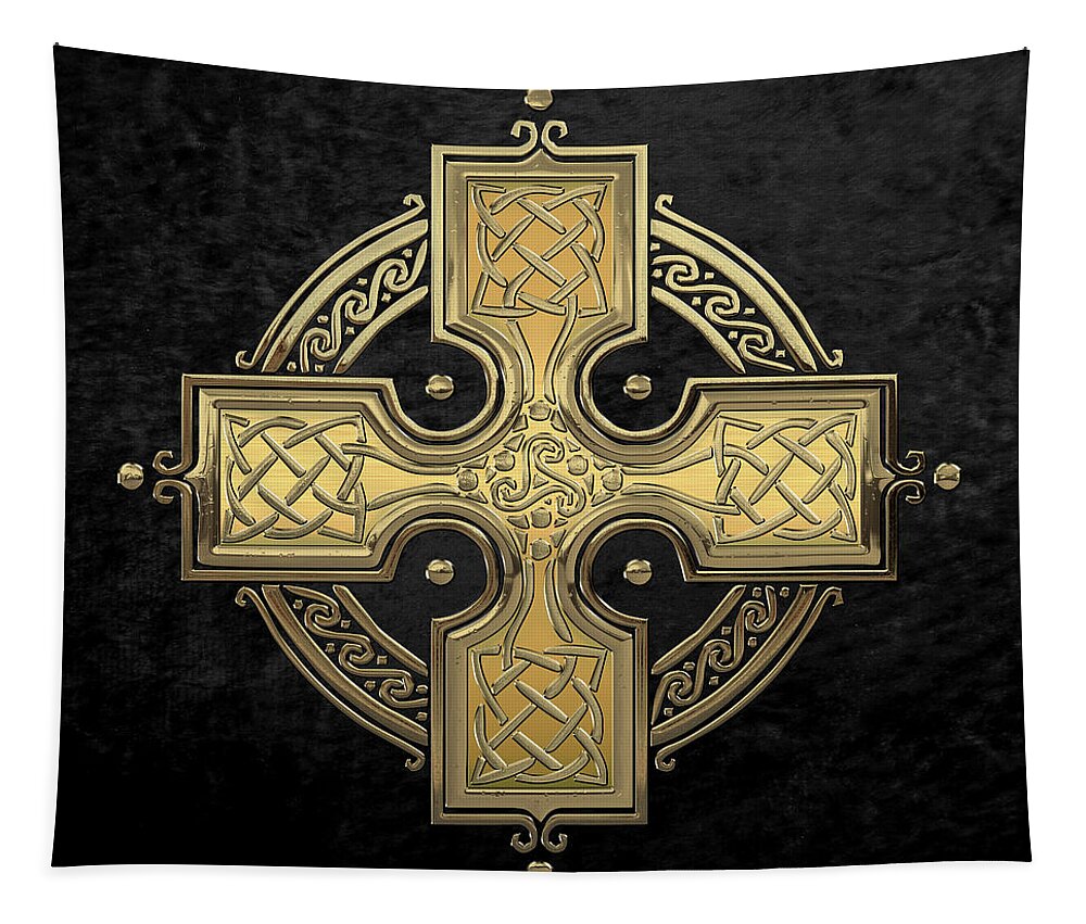 ‘celtic Treasures’ Collection By Serge Averbukh Tapestry featuring the digital art Ancient Gold Celtic Knot Cross over Black Velvet by Serge Averbukh
