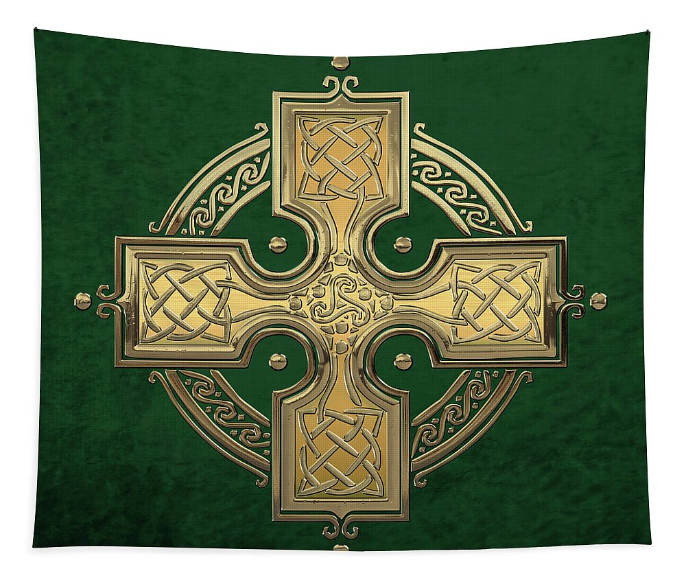 ‘celtic Treasures’ Collection By Serge Averbukh Tapestry featuring the digital art Ancient Gold Celtic Knot Cross over Green Velvet by Serge Averbukh
