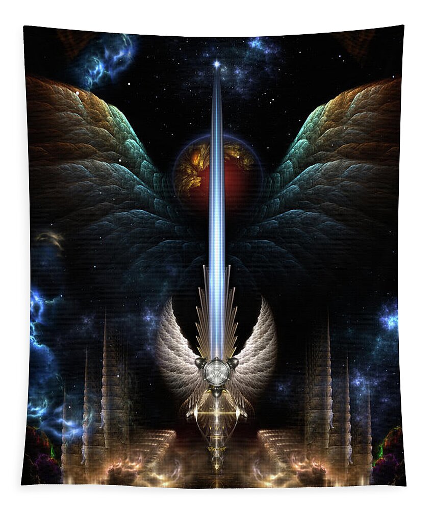 Angel Wing Sword Of Arkledious Tapestry featuring the digital art Angel Wing Sword Of Arkledious Imperial Wings Fractal Art Composition by Rolando Burbon