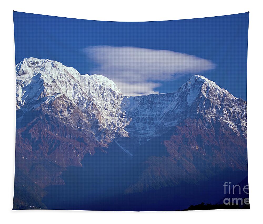 India Tapestry featuring the photograph Annapurna South Peak and pass in the Himalaya mountains, Annapurna region, Nepal by Raimond Klavins
