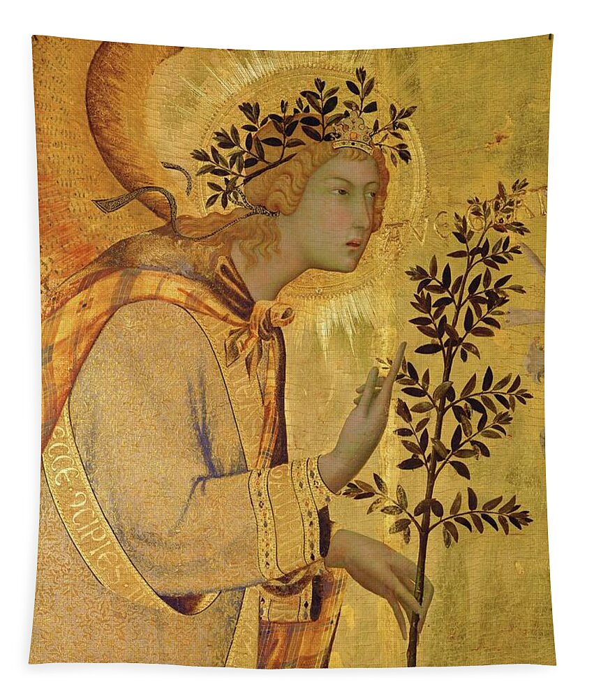 Archangel Gabriel Tapestry featuring the painting Annunciation. Detail the Angel of the Annunciation. by Simone Martini -c 1284-1344-
