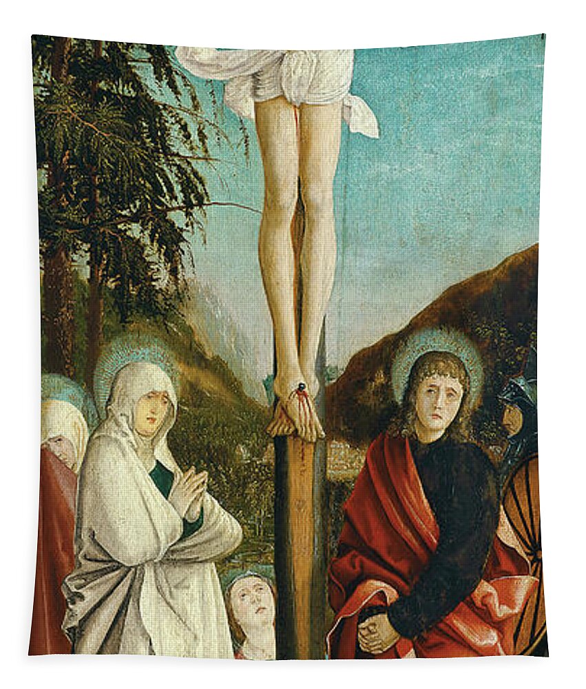 Anonymous German Artist Active Ca. 1520 Tapestry featuring the painting Anonymous German Artist active ca. 1520 -Active ca. 1520 -?--. The Crucifixion -ca. 1520-. Oil on... by Anonymous German Artist -fl c 1520-