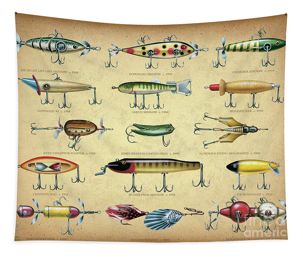 Antique Lures Brown Tapestry by Jon Wright - Fine Art America, heddon  famous fishing lures poster