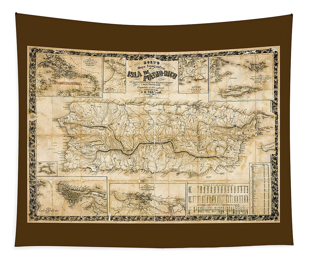 Old Map Tapestry featuring the photograph Antique topographical map of Puerto Rico 1863 while under Spanish rule. by Phil Cardamone