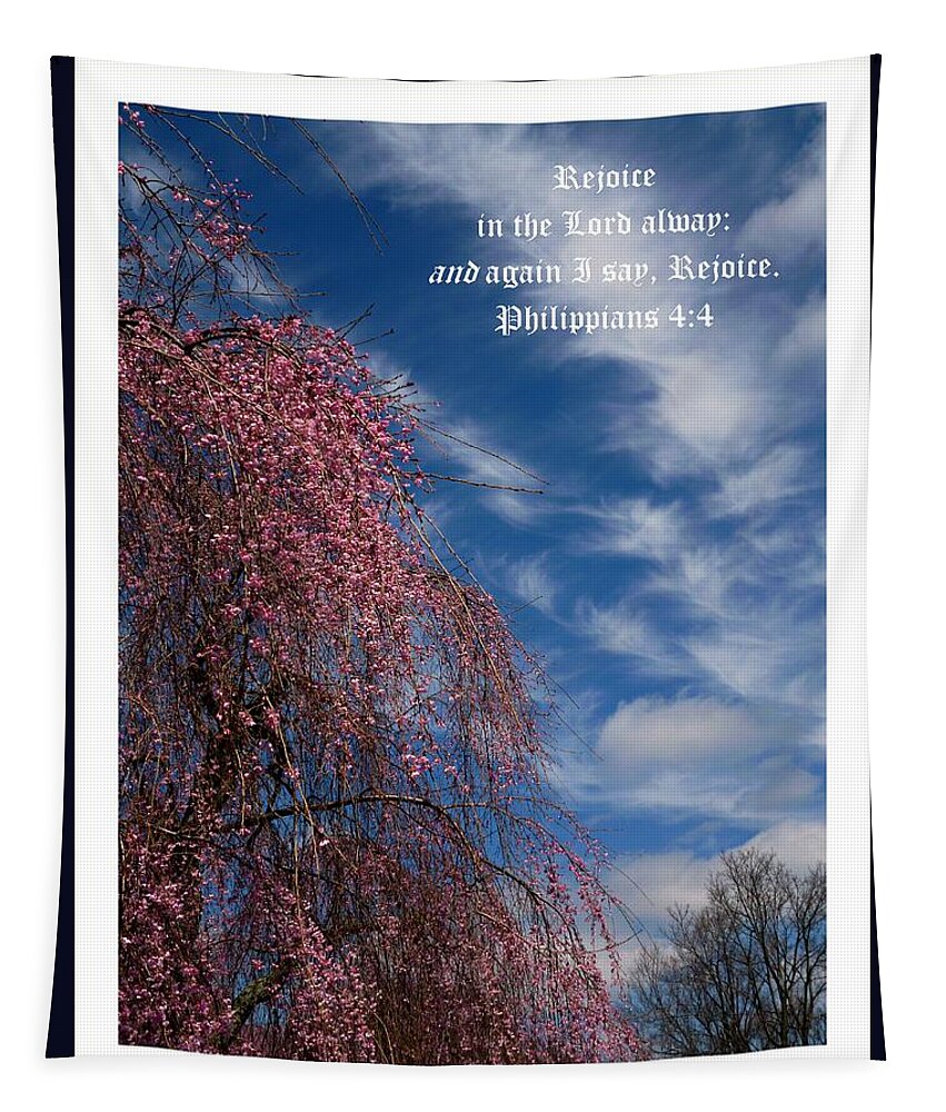 Pink Weeping Cherry Tapestry featuring the photograph April Sky Deep Hues Deluxe Border with Philippians Scripture by Mike McBrayer