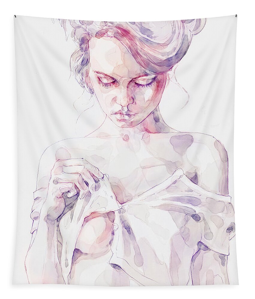 Aquarelle Tapestry featuring the painting Aquarelle sensual portrait of a girl by Dimitar Hristov