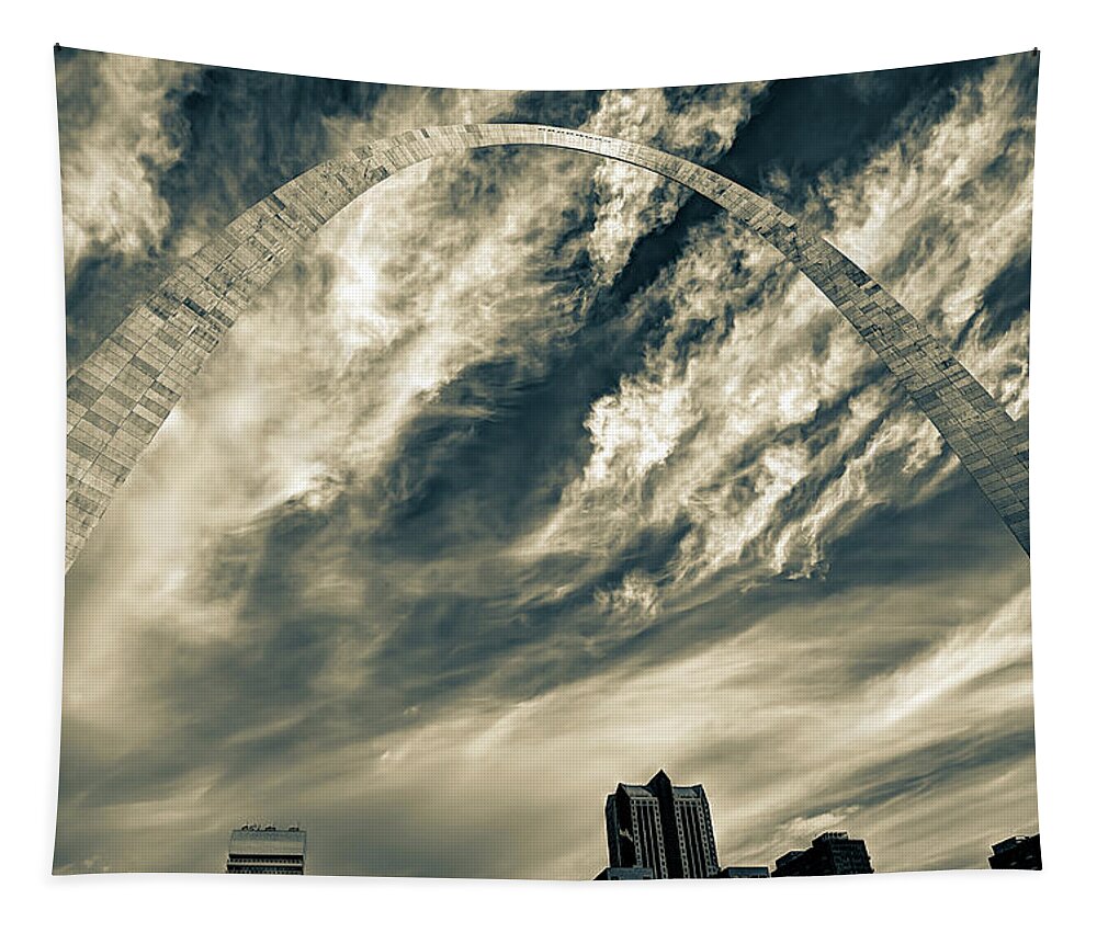 America Tapestry featuring the photograph Architectural Shapes of Saint Louis Skyline - Sepia by Gregory Ballos