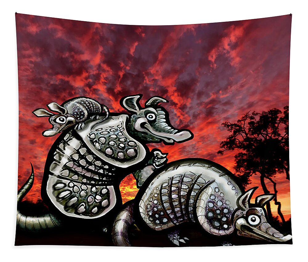 Armadillo Tapestry featuring the digital art Armadillos Family at Sunset by Kevin Middleton