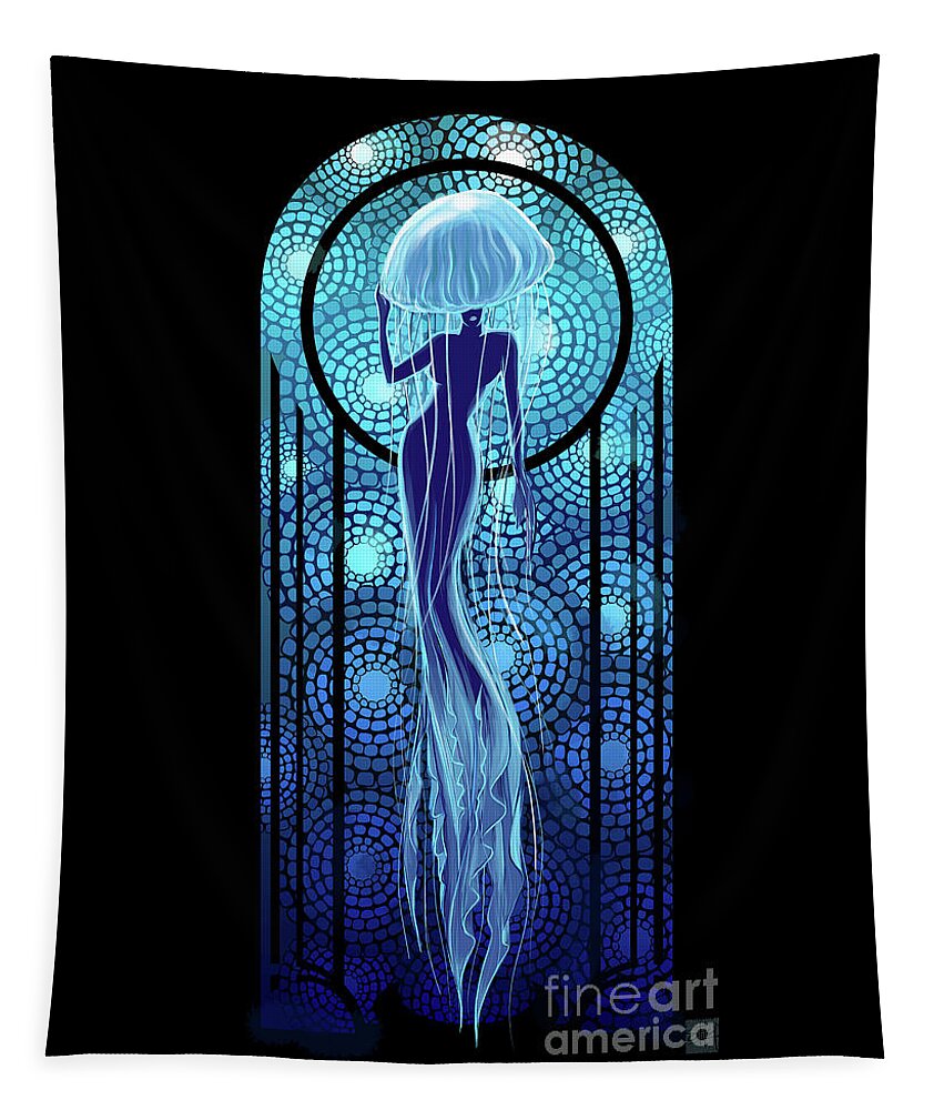 Jellyfish Tapestry featuring the painting Art deco jellyfish woman by Sassan Filsoof