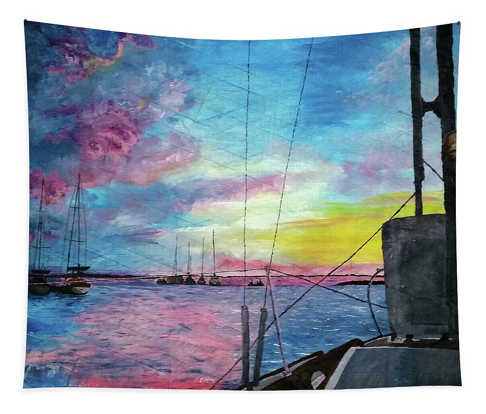 Sky Tapestry featuring the painting Art of the Sail At The End of the Day by Annalisa Rivera-Franz