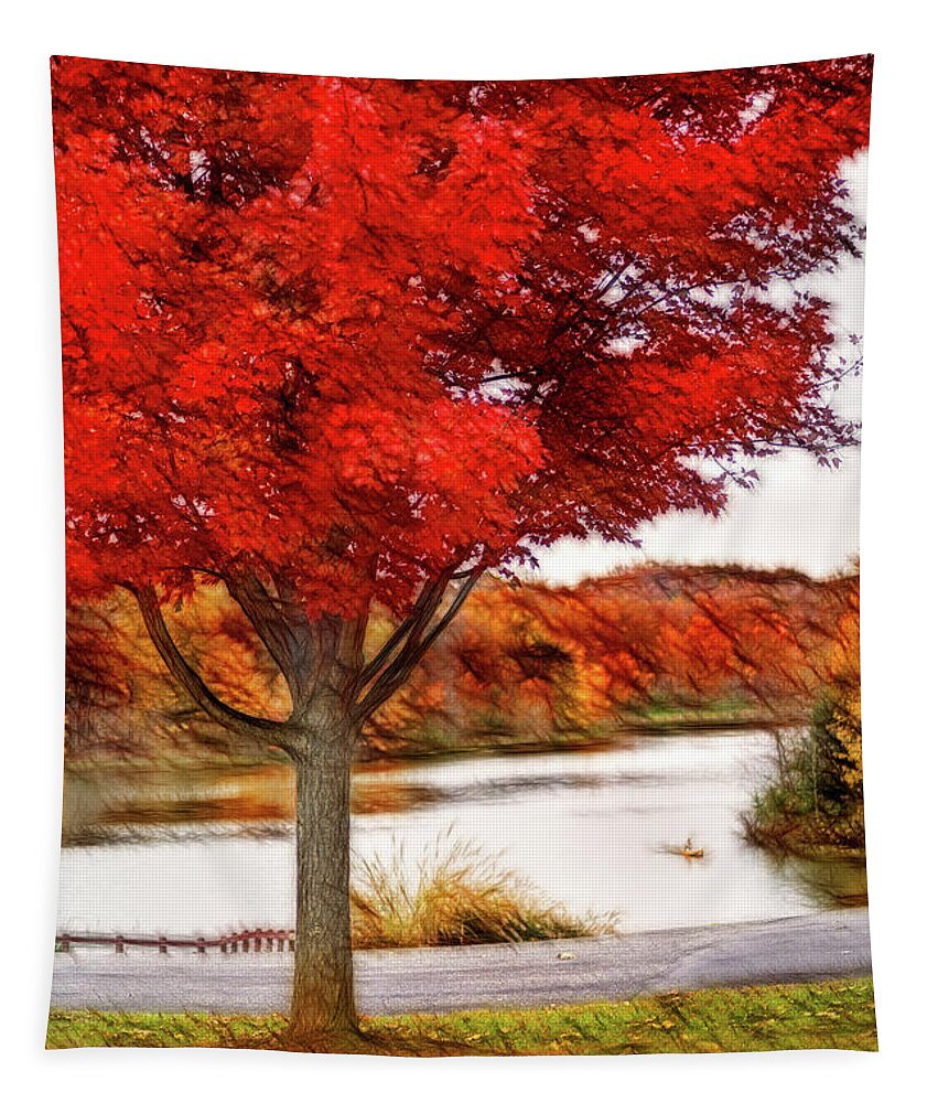 Tree Tapestry featuring the photograph Artistic Fall Tree at Lake by Don Johnson