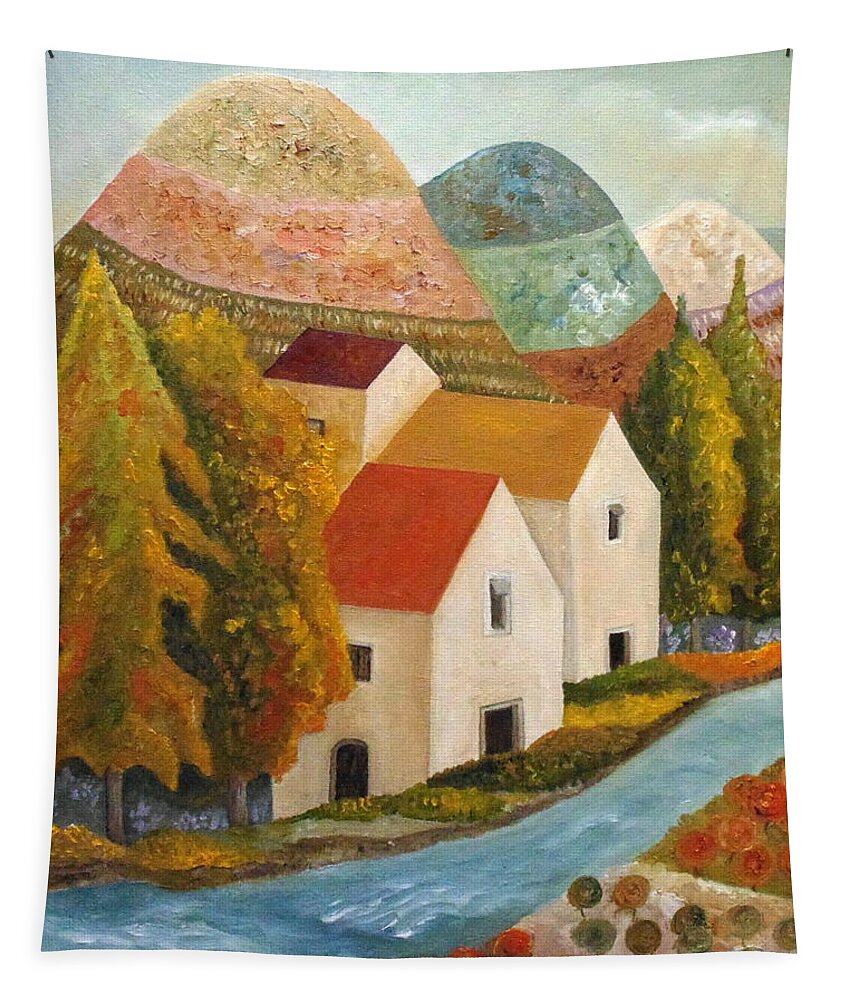 Village Tapestry featuring the painting Autumn Flow by Angeles M Pomata