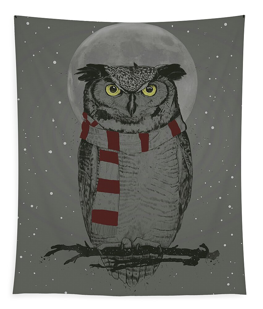 Owl Tapestry featuring the mixed media Winter owl by Balazs Solti