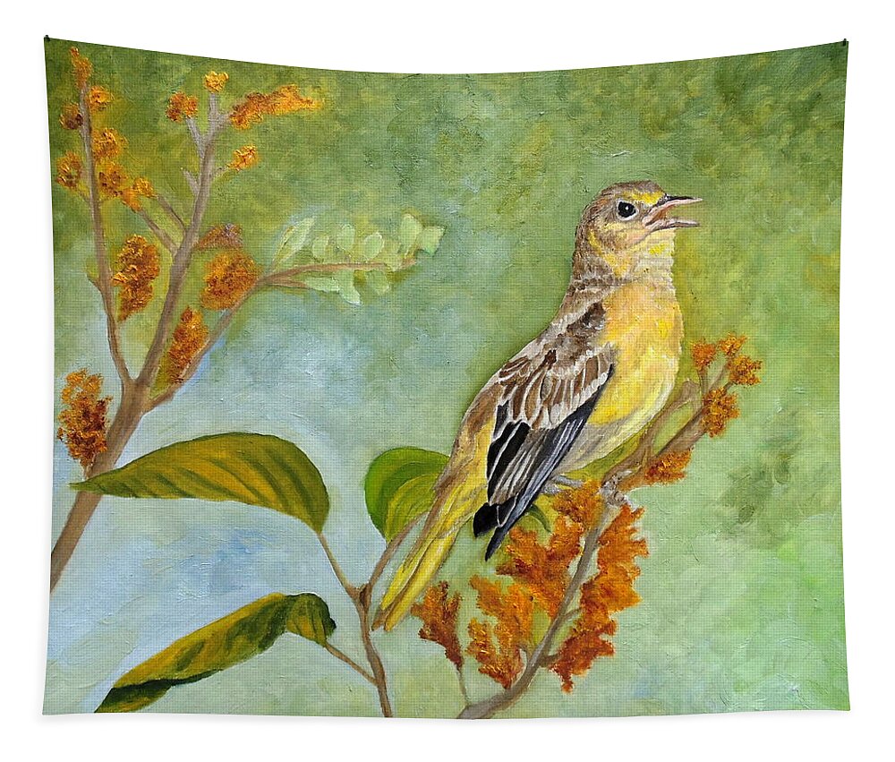 Oriole Tapestry featuring the painting Singing Your Heart Out by Angeles M Pomata