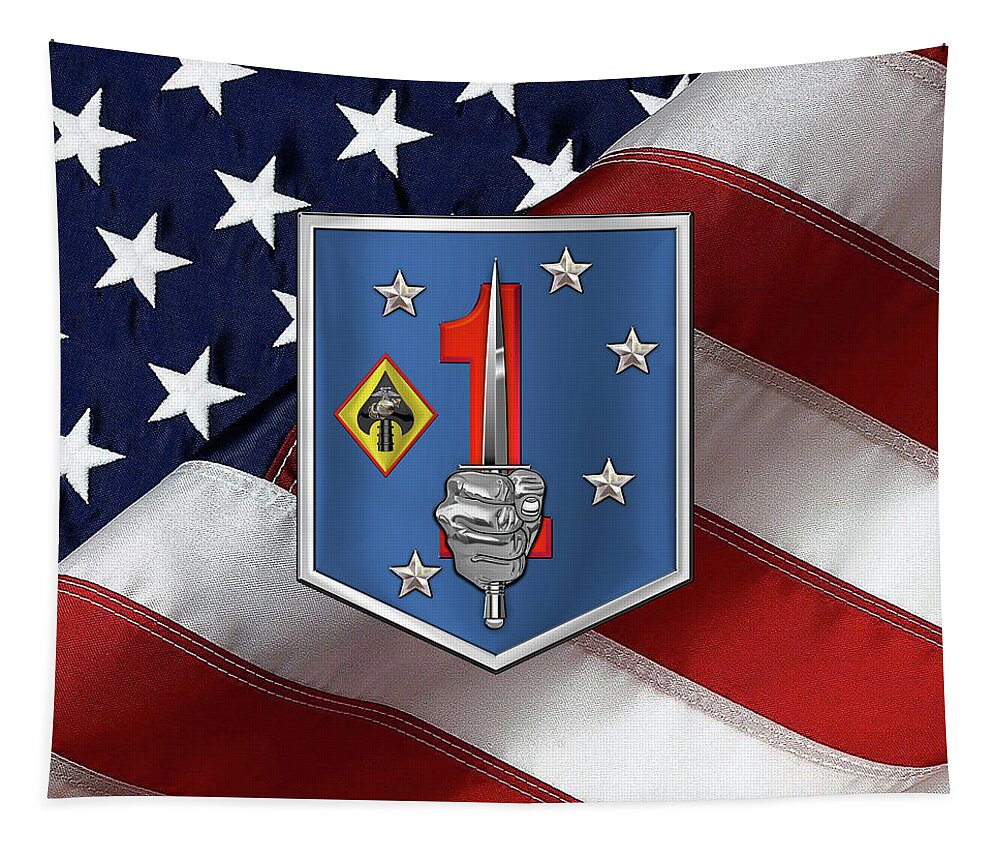 Military Insignia & Heraldry Collection By Serge Averbukh Tapestry featuring the digital art 1st Marine Raider Support Battalion - 1st M R S B Patch over American Flag by Serge Averbukh