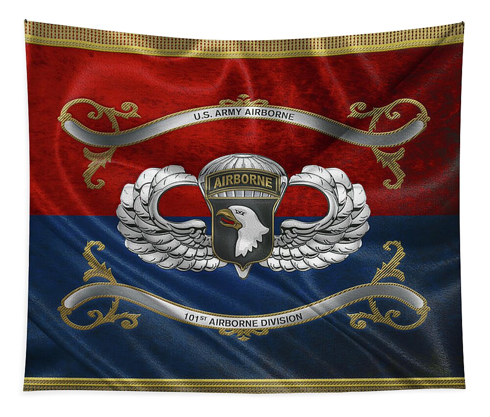 Military Insignia & Heraldry By Serge Averbukh Tapestry featuring the digital art 101st Airborne Division - 101st A B N Insignia with Parachutist Badge over Flag by Serge Averbukh