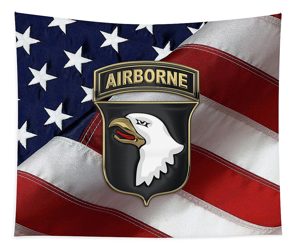Military Insignia & Heraldry By Serge Averbukh Tapestry featuring the digital art 101st Airborne Division - 101st A B N Insignia over American Flag by Serge Averbukh