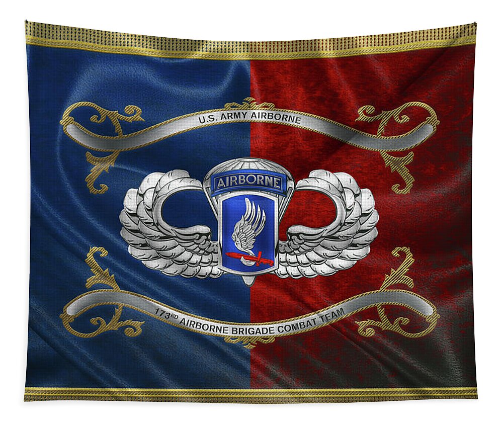 Military Insignia & Heraldry By Serge Averbukh Tapestry featuring the digital art 173rd Airborne Brigade Combat Team - 173rd A B C T Insignia with Parachutist Badge over Flag by Serge Averbukh