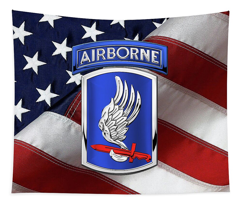 Military Insignia & Heraldry By Serge Averbukh Tapestry featuring the digital art 173rd Airborne Brigade Combat Team - 173rd A B C T Insignia over Flag by Serge Averbukh
