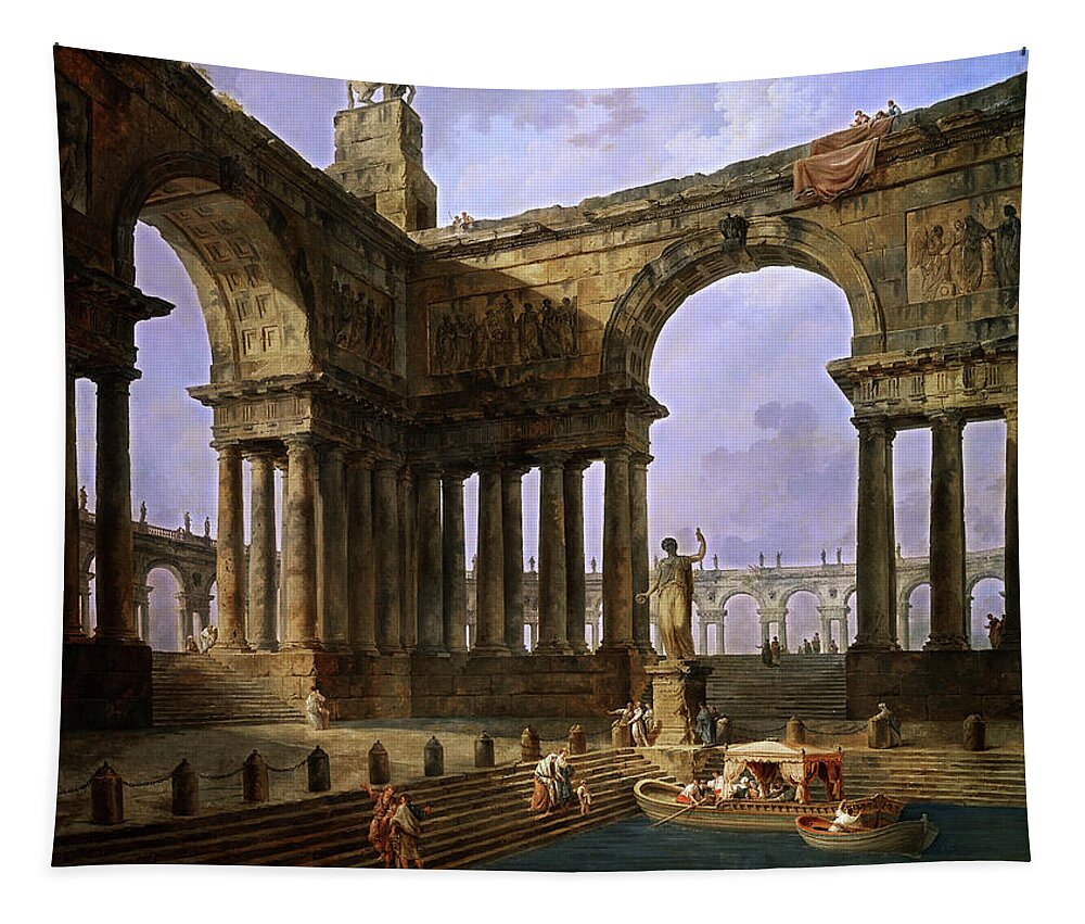 The Landing Place Tapestry featuring the painting The Landing Place by Hubert Robert by Rolando Burbon