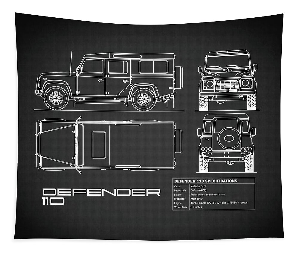 Defender 110 Blueprint Tapestry featuring the photograph Defender 110 Blueprint Black by Mark Rogan