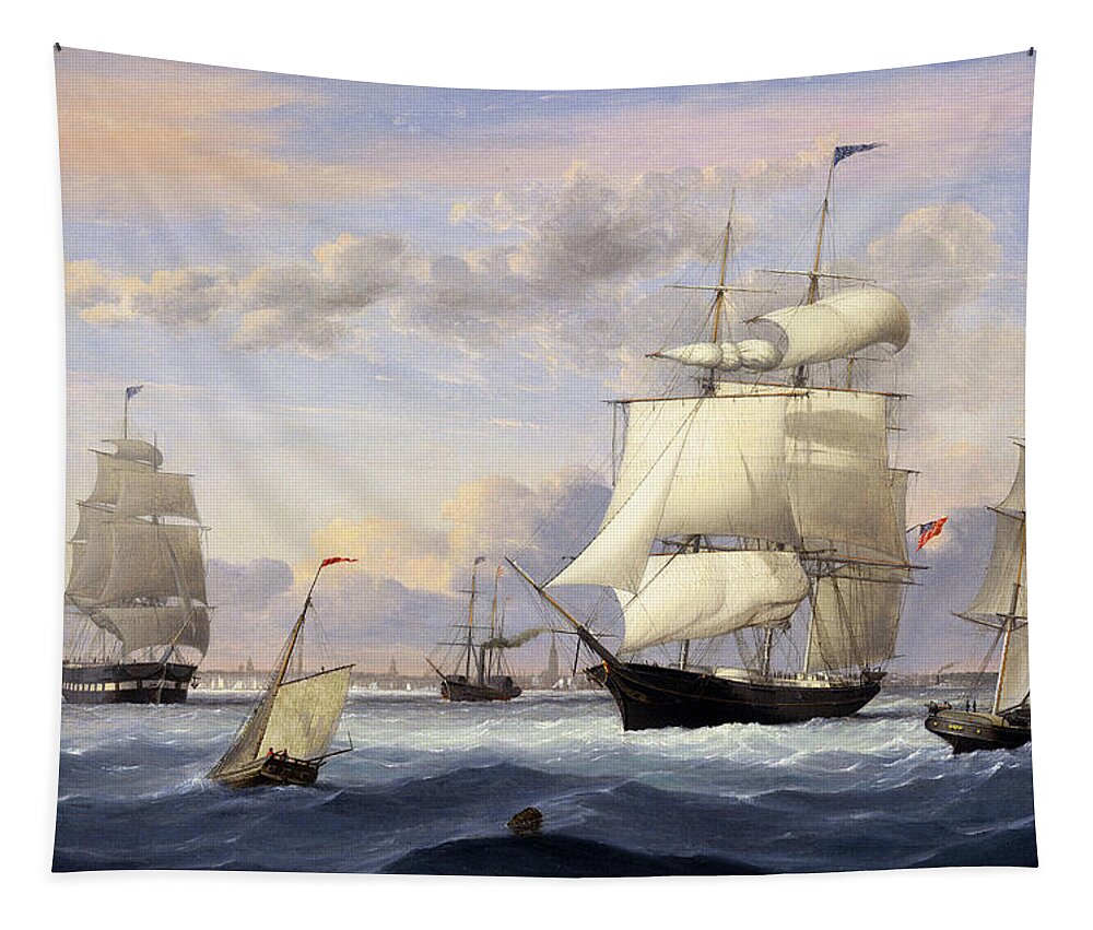 New York Harbor Tapestry featuring the painting New York Harbor by Fitz Henry Lane by Rolando Burbon