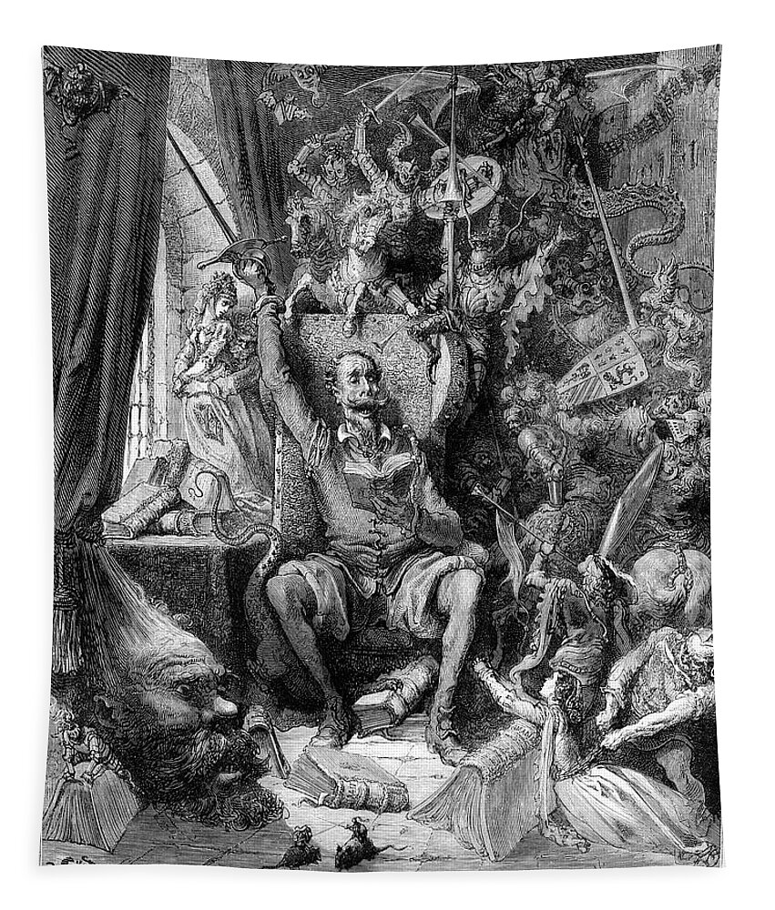 Don Quixote Tapestry featuring the painting Miguel de Cervantes Don Quixote by Gustave Dore by Rolando Burbon