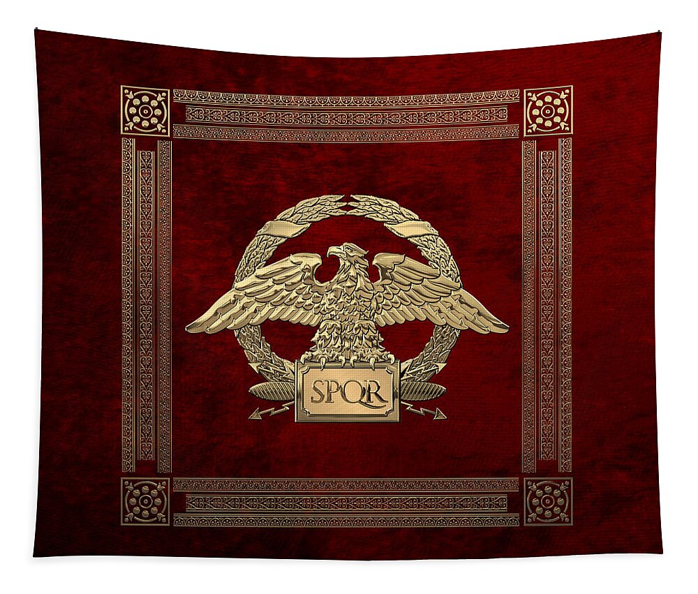 ‘treasures Of Rome’ Collection By Serge Averbukh Tapestry featuring the digital art Roman Empire - Gold Roman Imperial Eagle over Red Velvet by Serge Averbukh