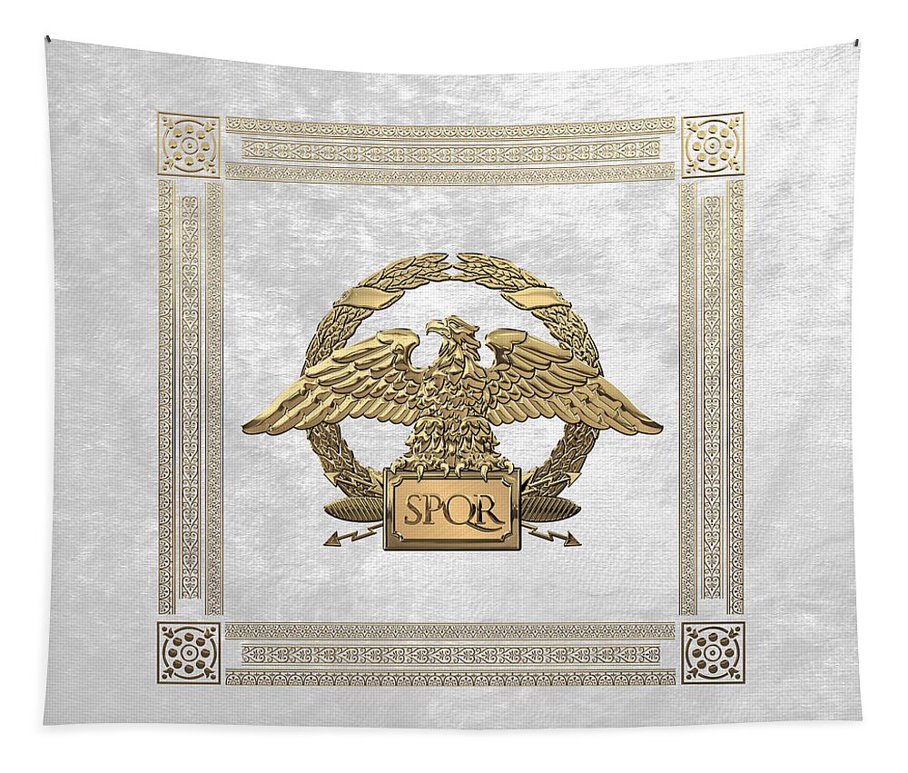 ‘treasures Of Rome’ Collection By Serge Averbukh Tapestry featuring the digital art Roman Empire - Gold Roman Imperial Eagle over White Velvet by Serge Averbukh