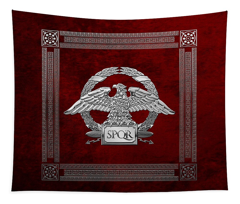 ‘treasures Of Rome’ Collection By Serge Averbukh Tapestry featuring the digital art Roman Empire - Silver Roman Imperial Eagle over Red Velvet by Serge Averbukh