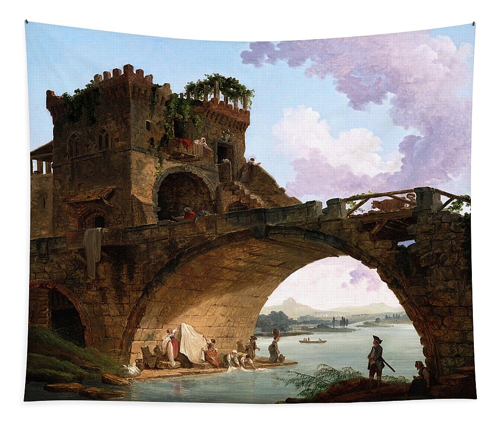 The Ponte Salario Tapestry featuring the painting The Ponte Salario by Hubert Robert by Rolando Burbon