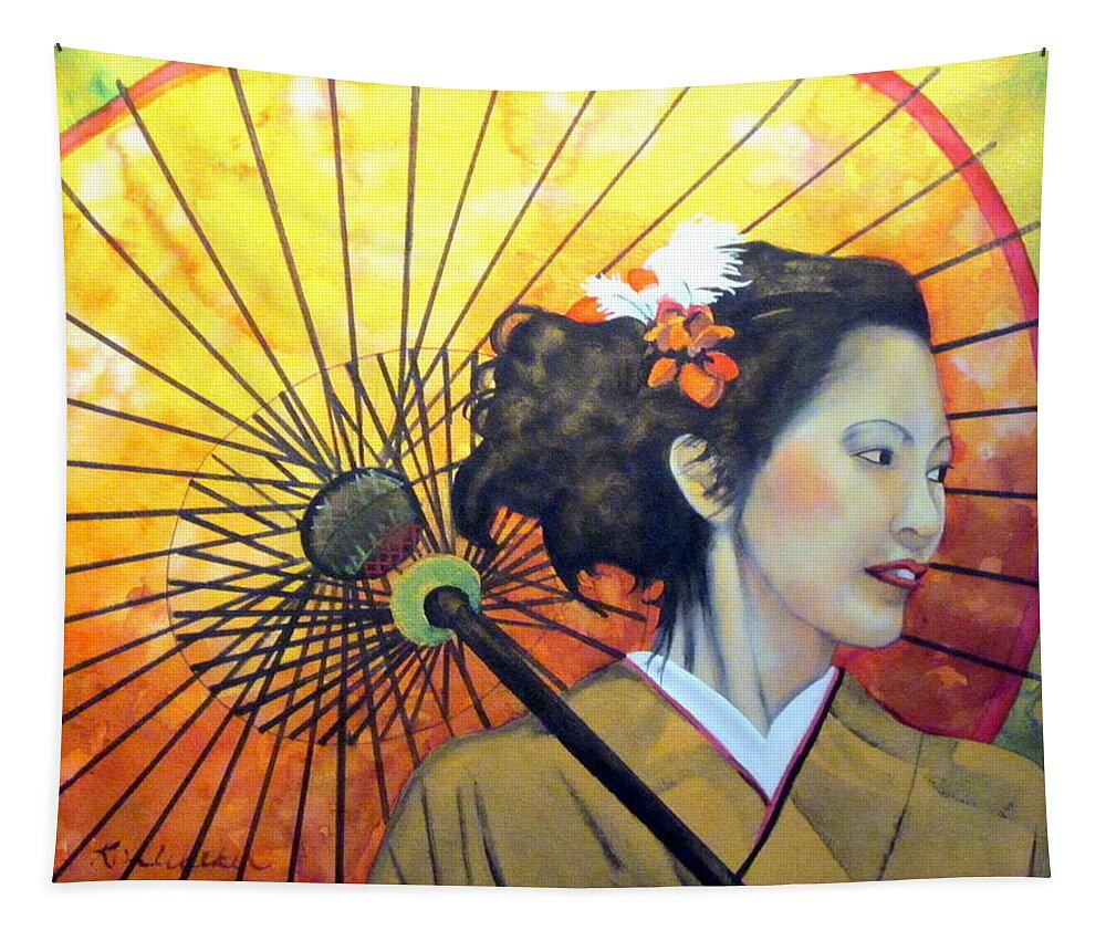 Yellow Tapestry featuring the painting Asian Beauty Watercolor by Kimberly Walker