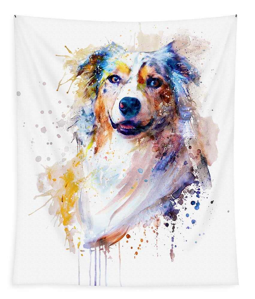 Marian Voicu Tapestry featuring the painting Australian Shepherd Portrait by Marian Voicu