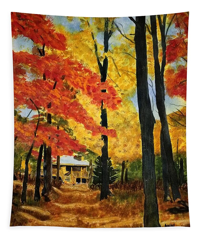 Cabin Tapestry featuring the painting Autumn's Lane by Ann Frederick