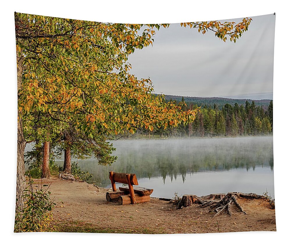 Jasper Tapestry featuring the photograph Autumn Morning on Cavell Lake Jasper National Park Fall Leaves by Toby McGuire