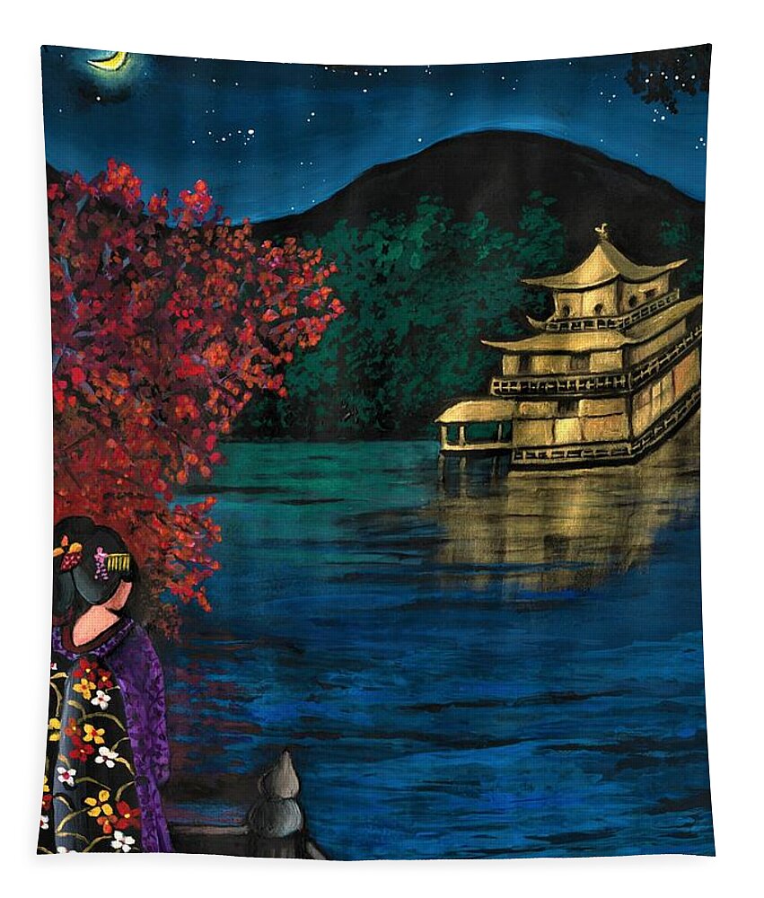 Autumn Tapestry featuring the painting Autumn night scene, Japan by Tara Krishna