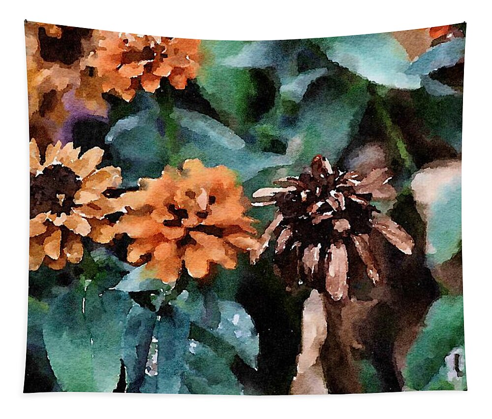 Autumn Tapestry featuring the painting Autumn Zinnias by Bonnie Bruno
