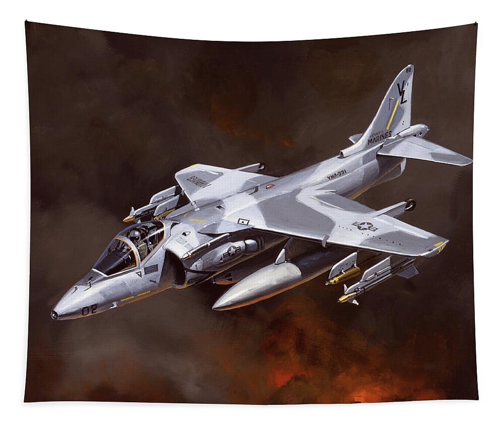 Military Aircraft Tapestry featuring the painting McDonnell Douglas AV-8B Harrier II by Jack Fellows