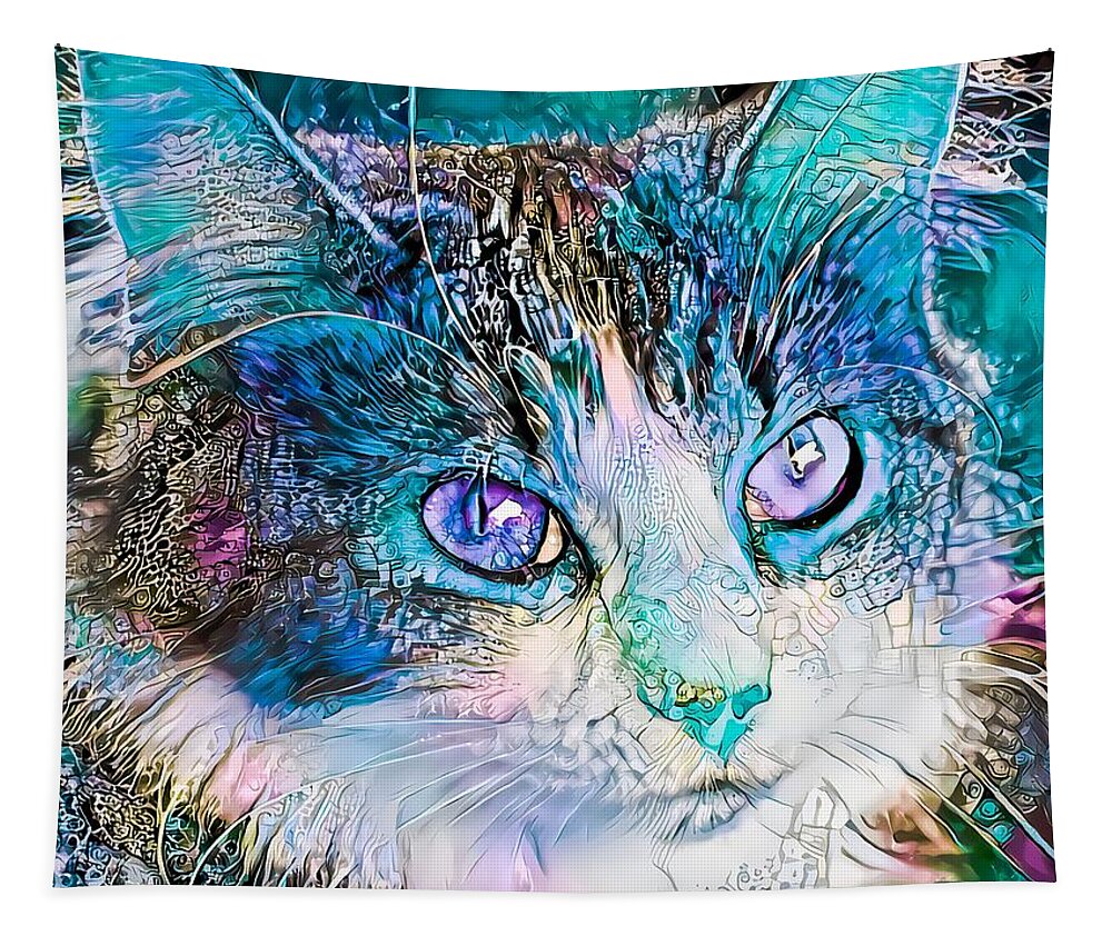 Blue Tapestry featuring the digital art Awesome Blue Kitty Face by Don Northup