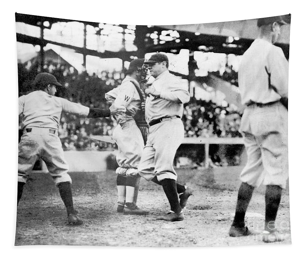Playing Tapestry featuring the photograph Babe Ruth Crossing The Plate After Making His First Home Run Of The Season, 1924 by American Photographer