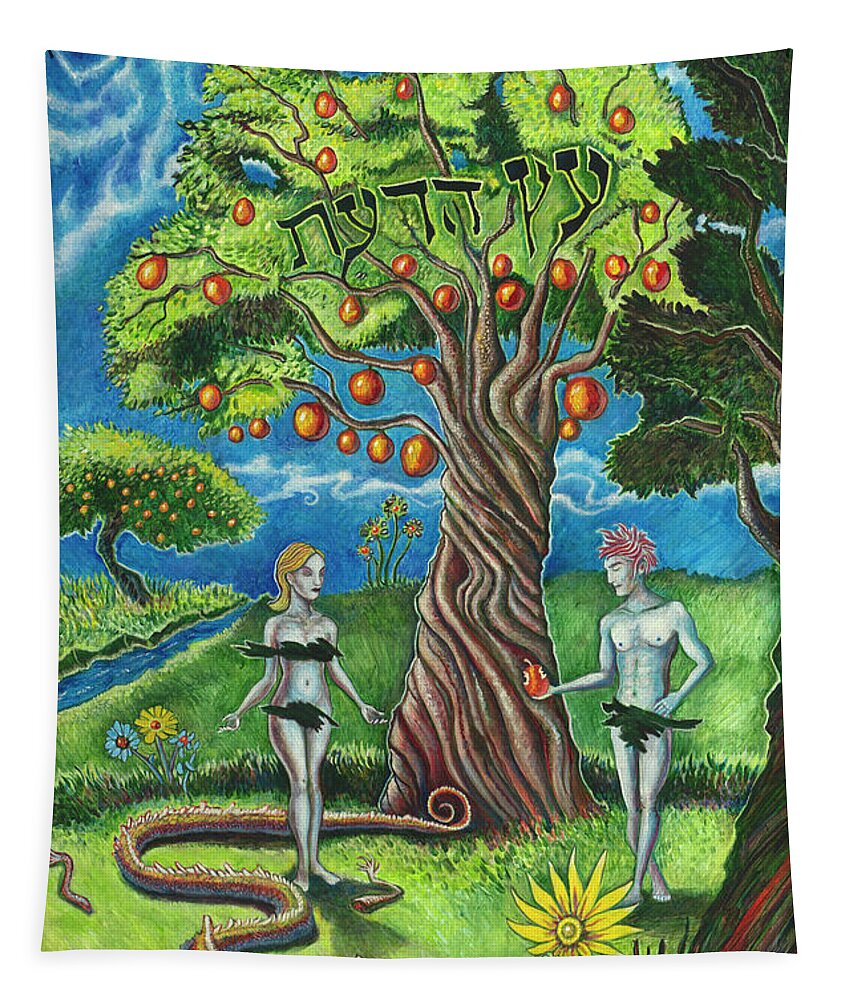 Adam And Eve Tapestry featuring the painting Bad and Angelina by Yom Tov Blumenthal